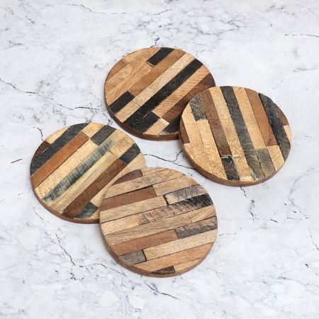 Circle Shaped Handmade Brown Wooden Coasters - Pack of 4